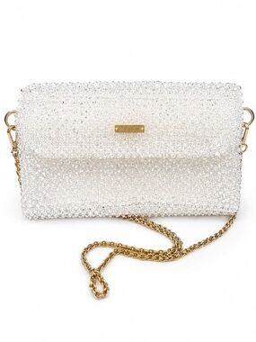 Crystal Beaded White Crossbody Bag with Gold Chain
